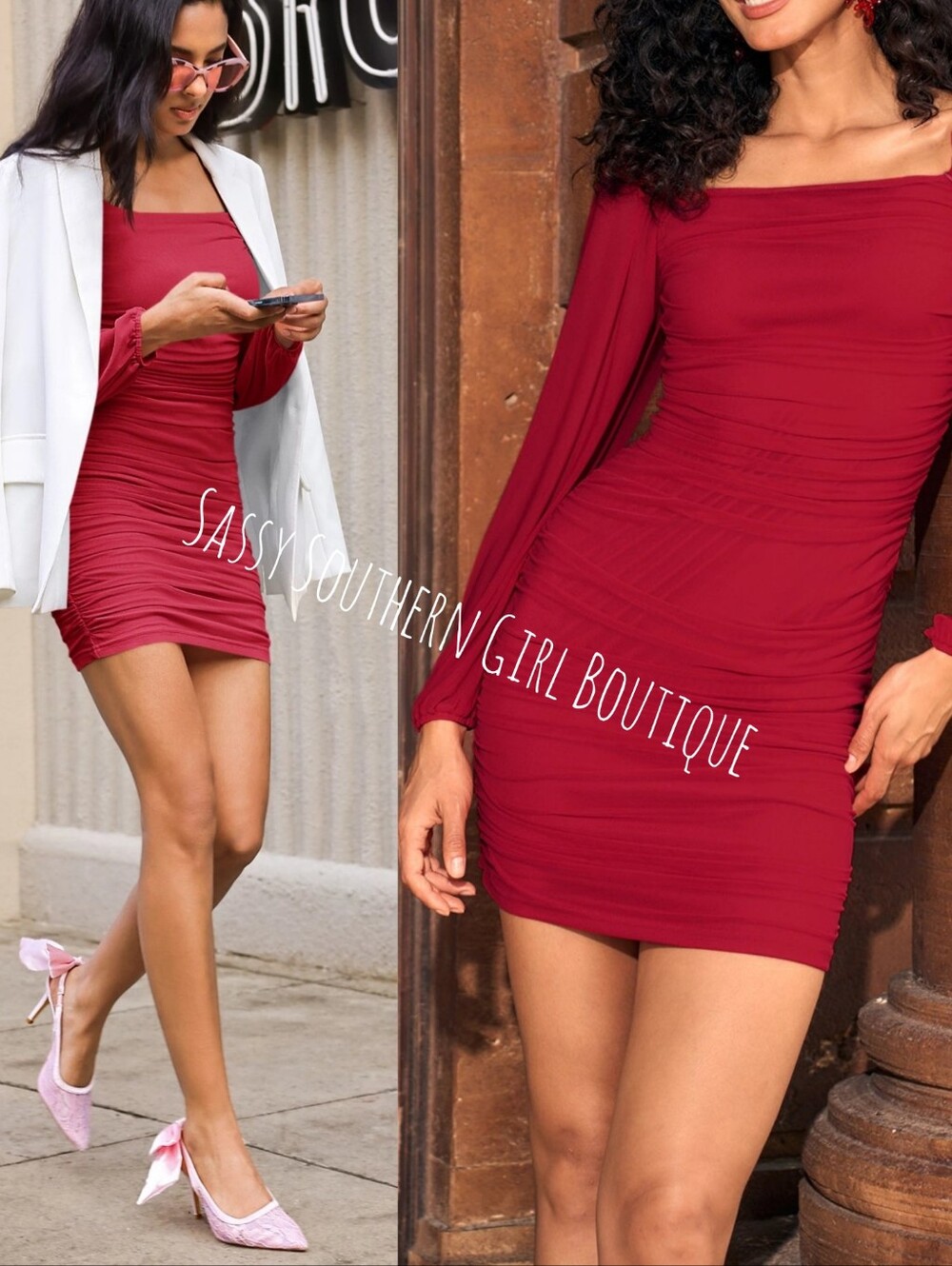 🆕⭐Red Ruched Long-Sleeve Mini Dress